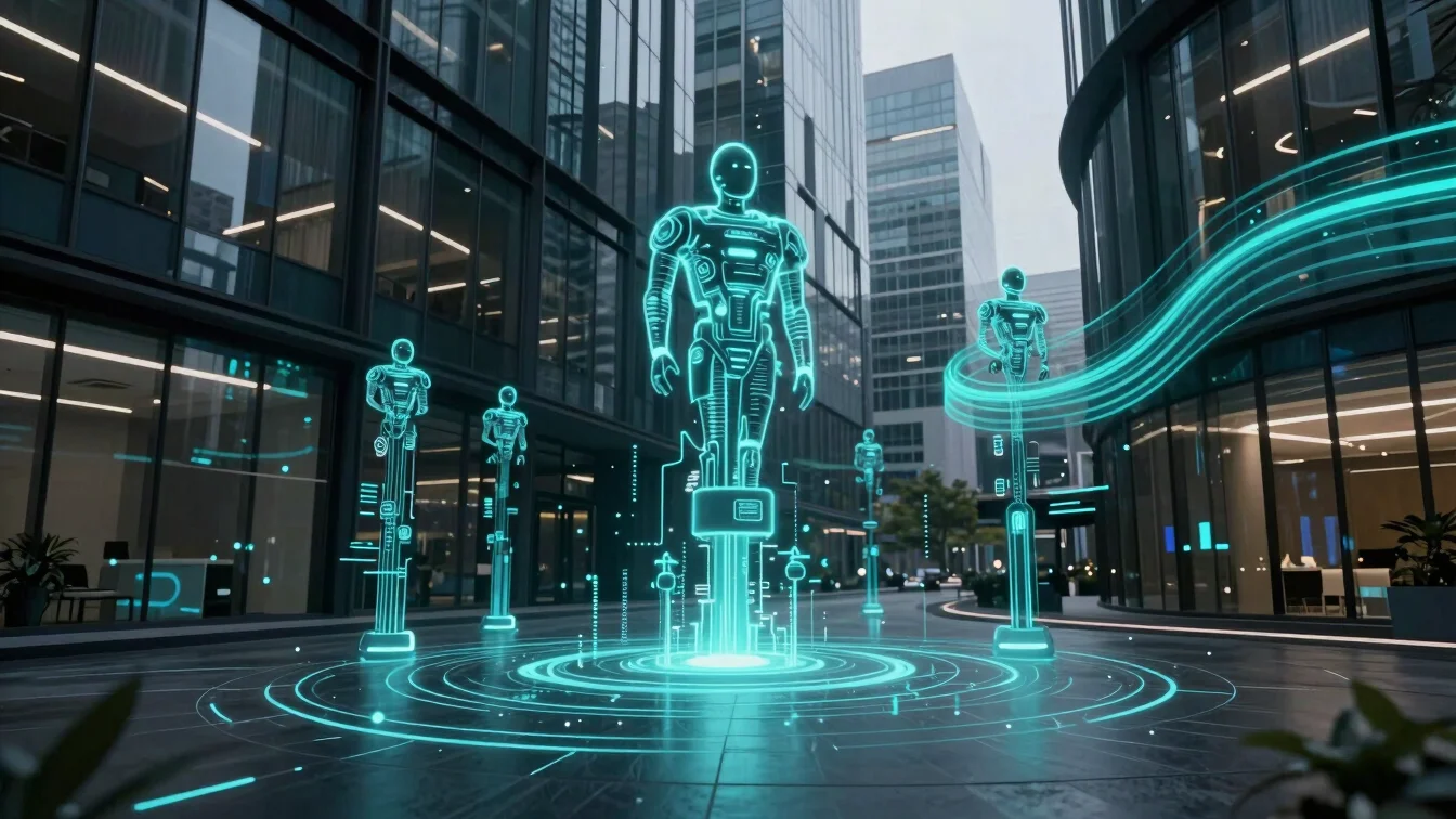 Sleek corporate tech photography, glowing cyan data streams flowing through abstract architectural elements, representin