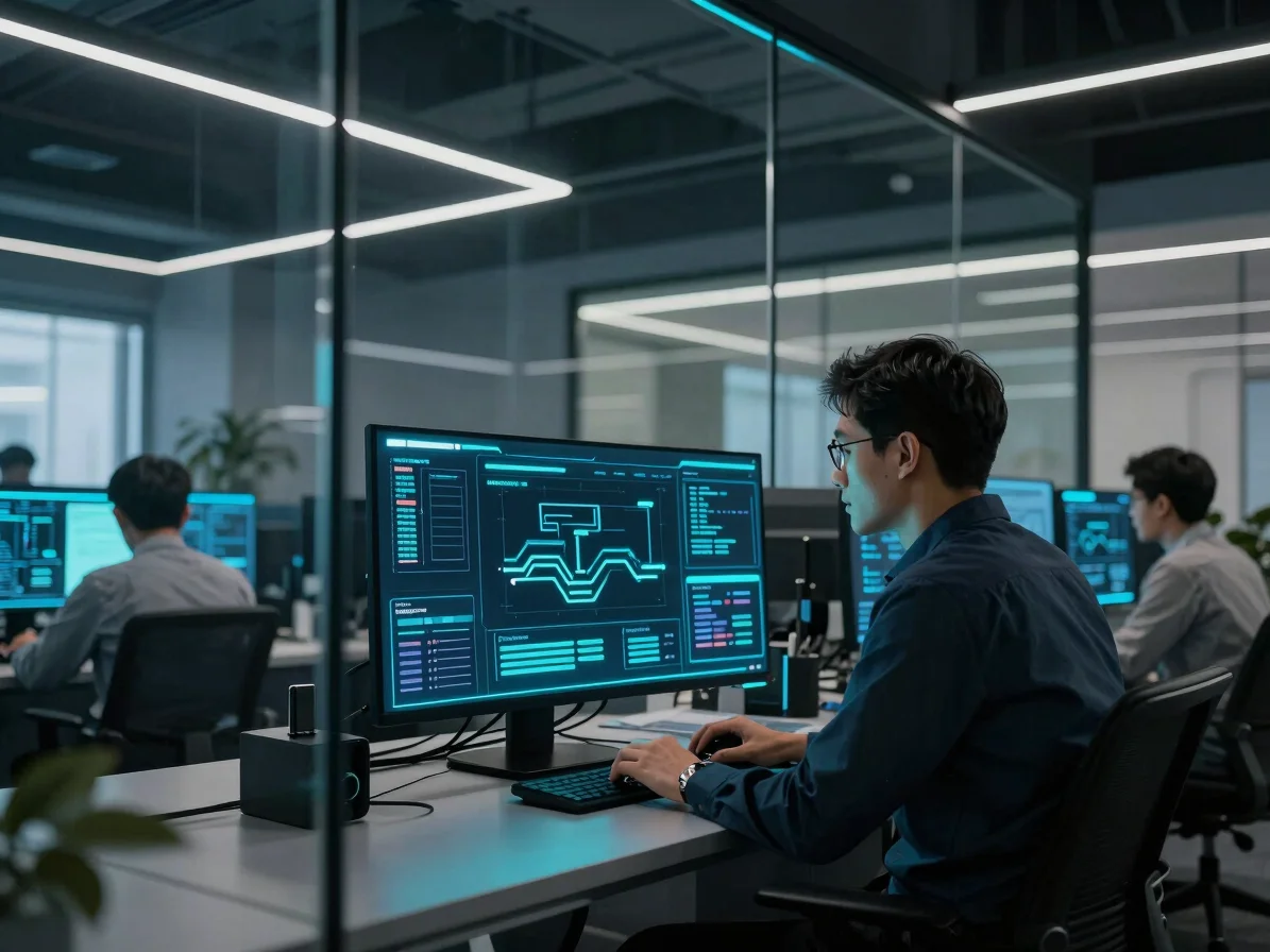 Sleek corporate tech photography, professionals analyzing workflows on advanced data interfaces, glowing cyan accents, g
