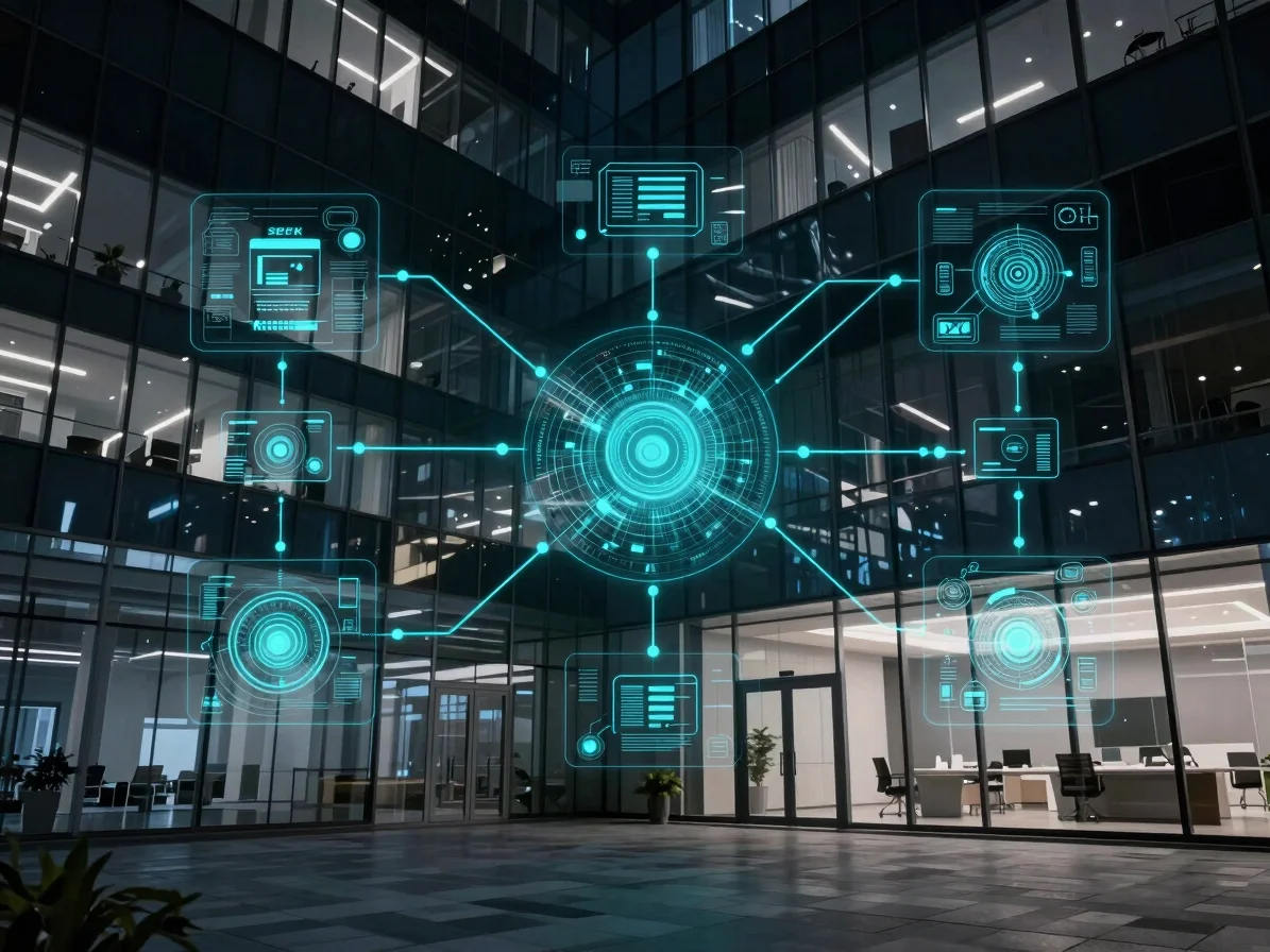 Sleek corporate tech photography, a visual representation of data flow and network diagrams connecting different platfor