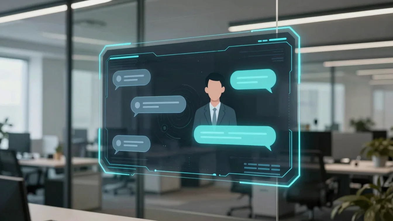 Sleek corporate tech photography, a holographic interface displaying a sophisticated chatbot interaction, subtle glass r