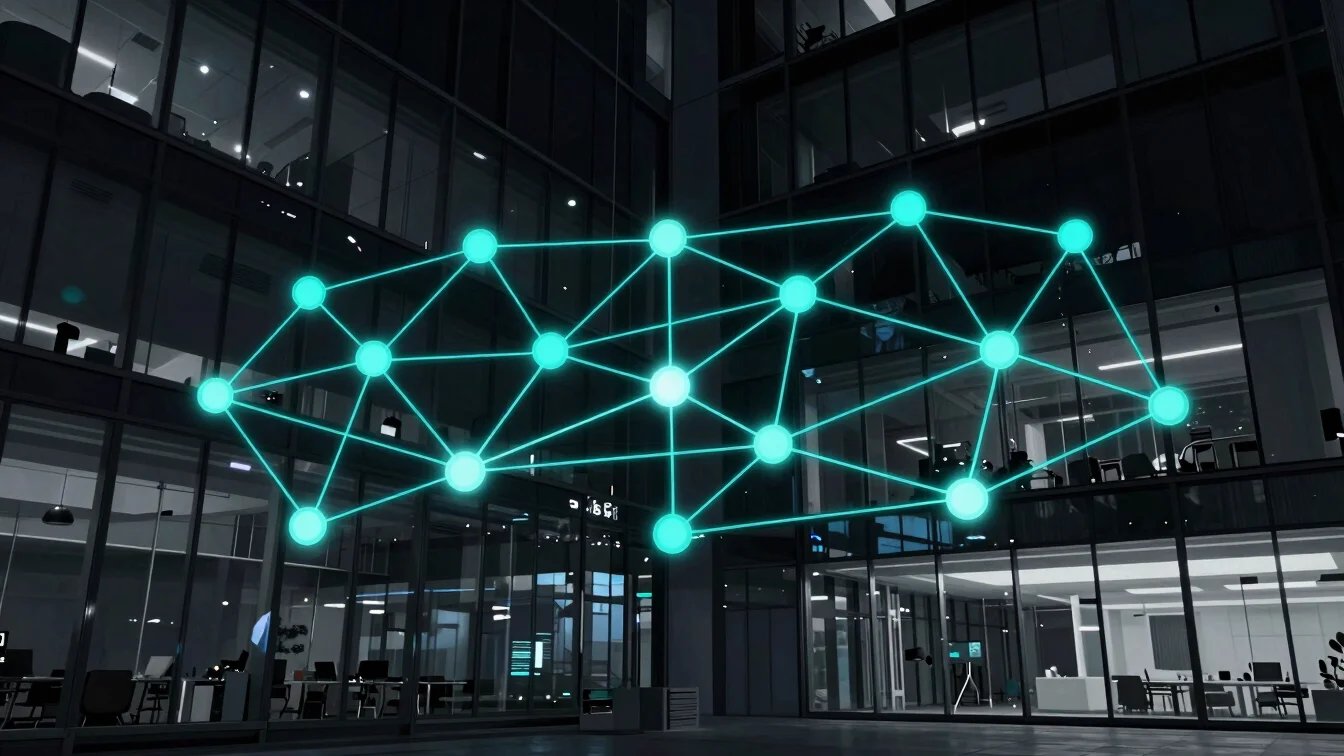 Sleek corporate tech photography, a complex network of interconnected nodes and lines, glowing cyan, symbolizing process