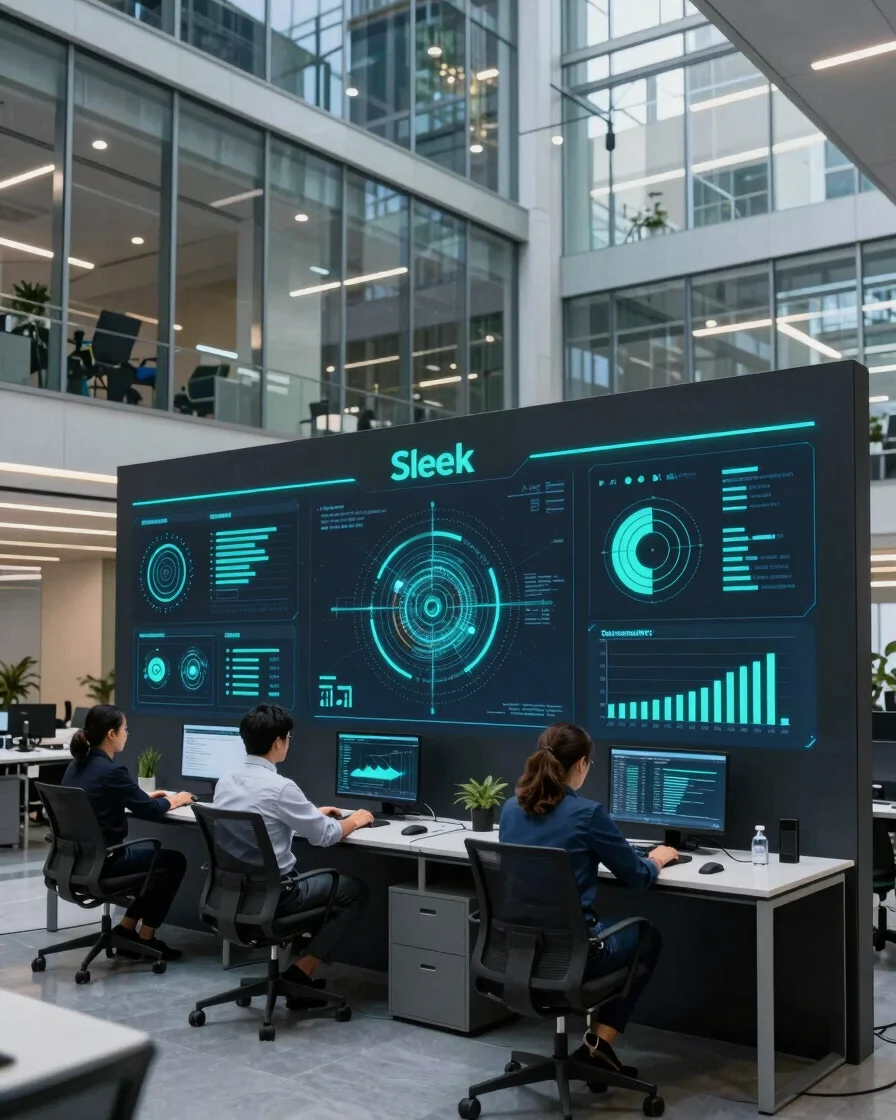 Sleek corporate tech photography, modern office architecture, interfaces de datos avanzadas, profesionales analizando fl