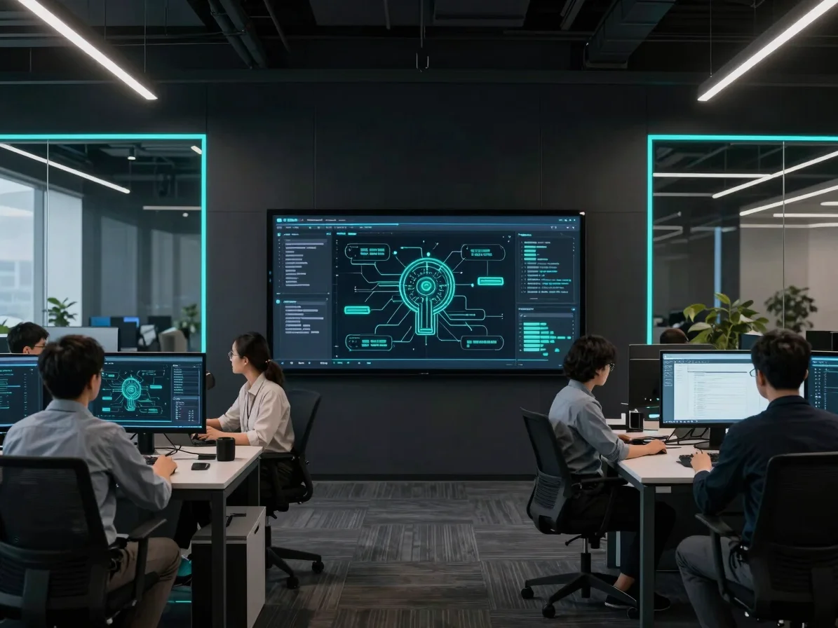 Sleek corporate tech workspace, dark obsidian environment with glowing cyan accents, technical team observing automated
