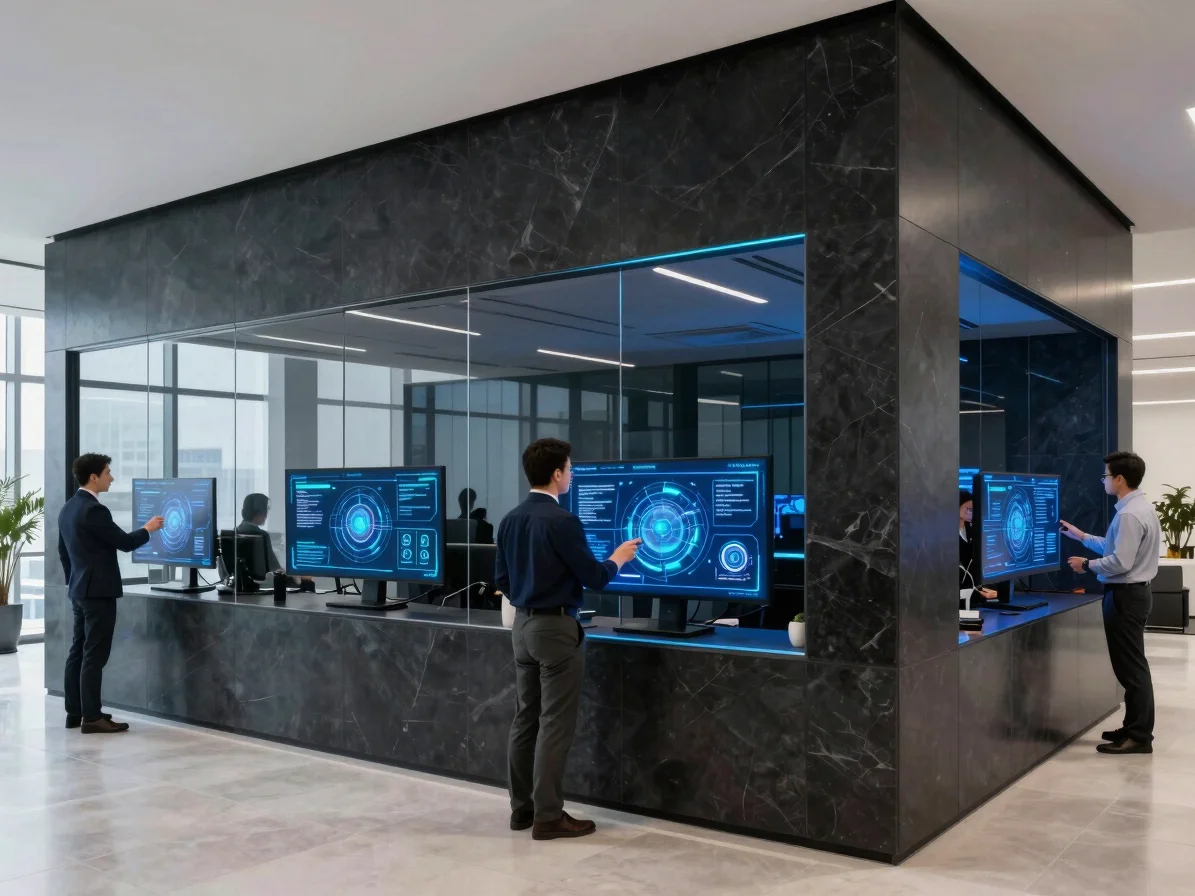 Modern office architecture with dark obsidian tones and cobalt lighting, corporate executives interacting with an advanc