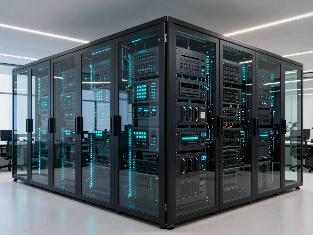 Clean architectural view of modern corporate data infrastructure, subtle cyan glass reflections, orderly digital communi