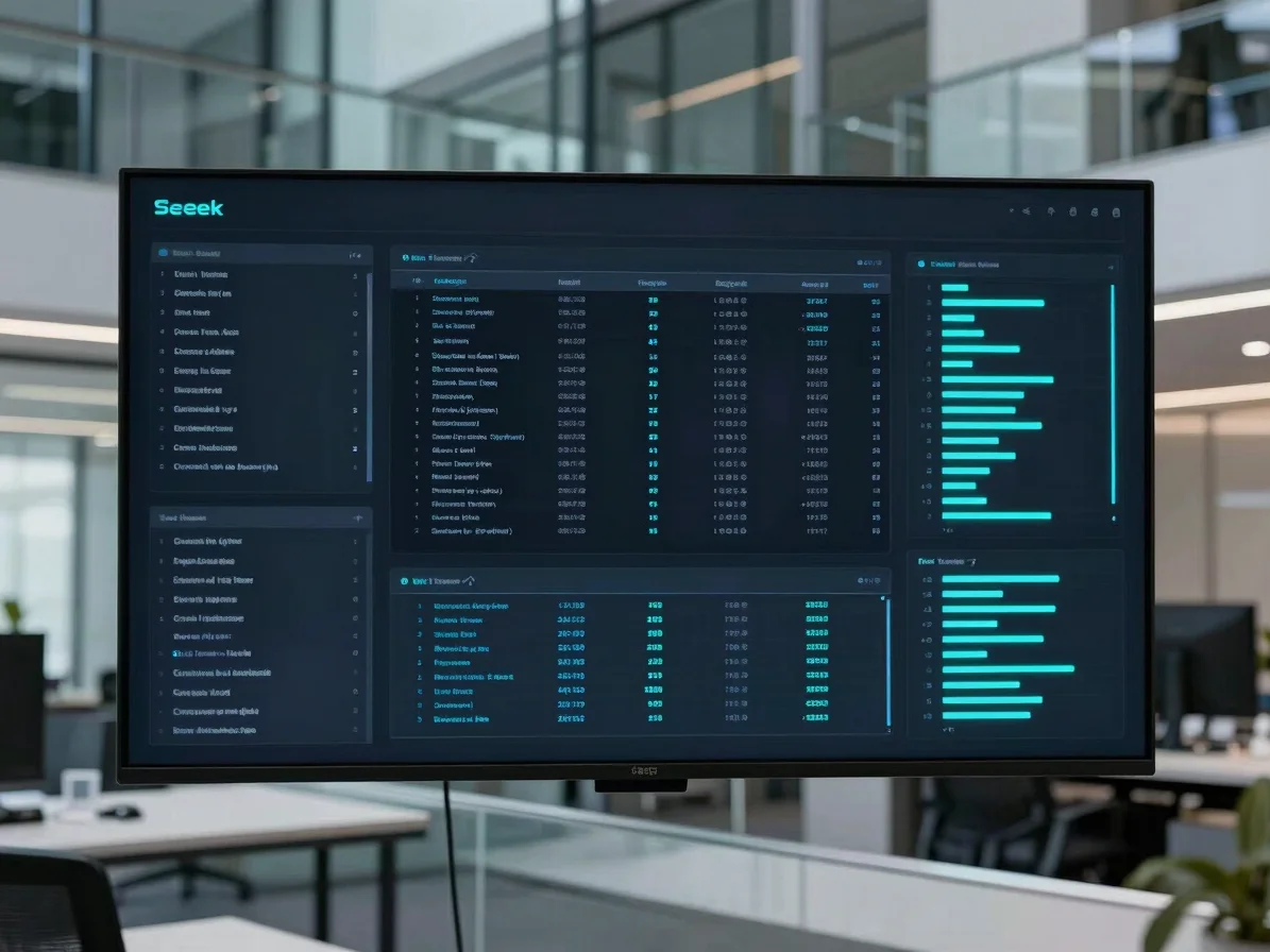 Sleek corporate tech photography, a digital interface displaying structured data from documents, glowing cyan accents, g