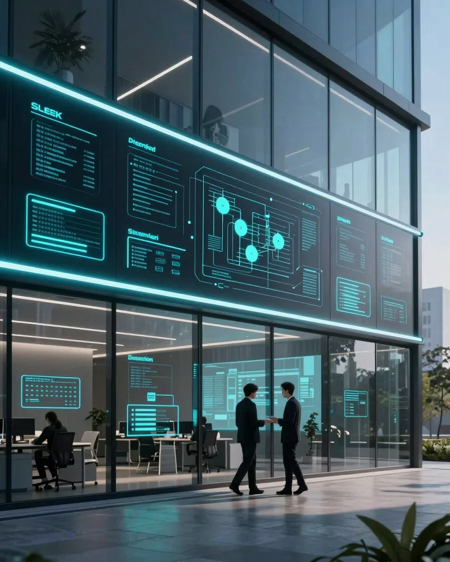Sleek corporate tech photography, modern office architecture with